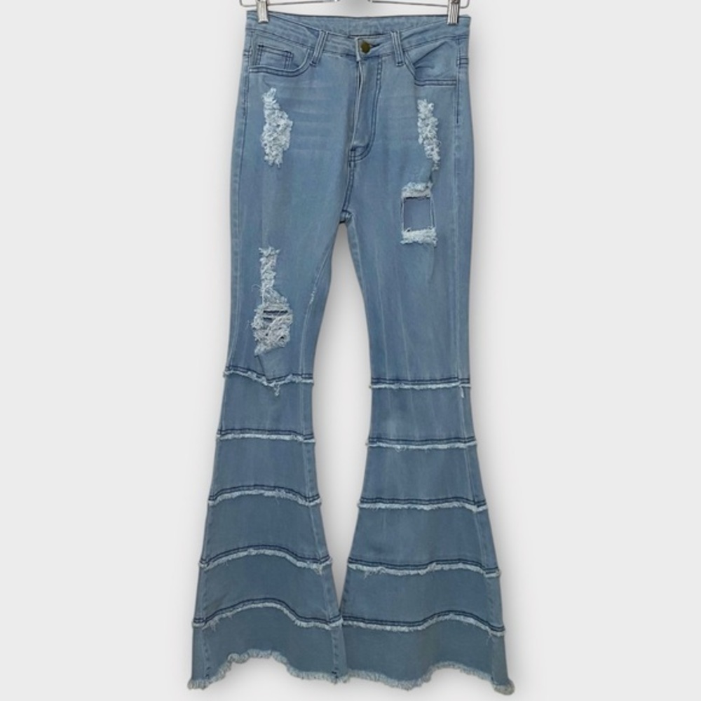 Blue High Waisted Distressed Striped Raw Hem Bell Bottom Jeans Size Small